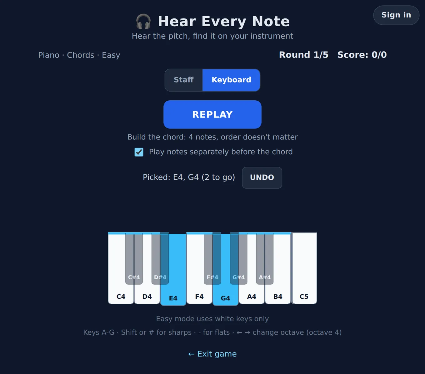 Chord ear trainer screenshot: an on-screen piano keyboard with two notes of a heard seventh chord selected and two still to pick