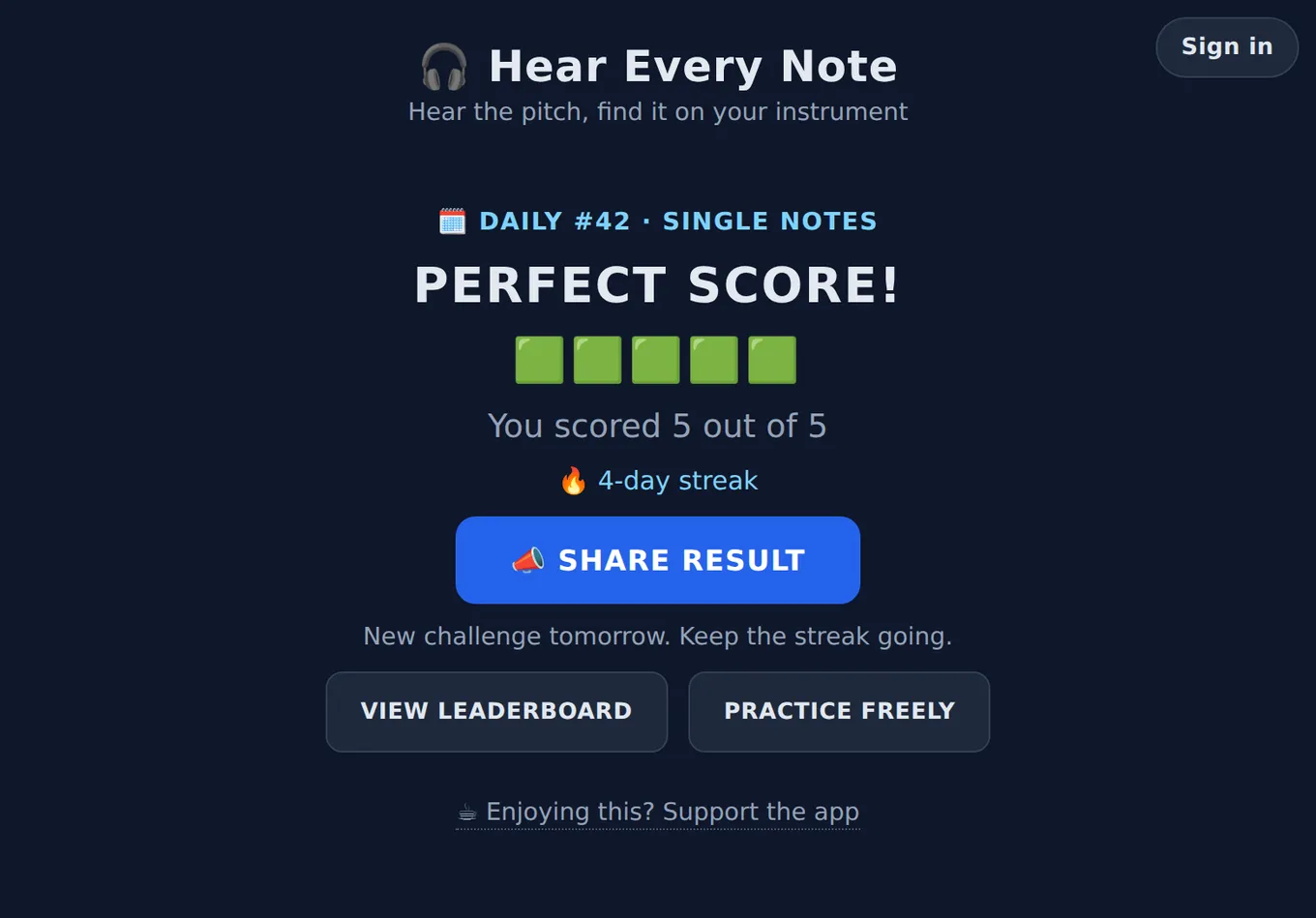 Daily challenge result screen with a perfect score of five out of five, a green emoji square for each round, a four day streak, and a share button