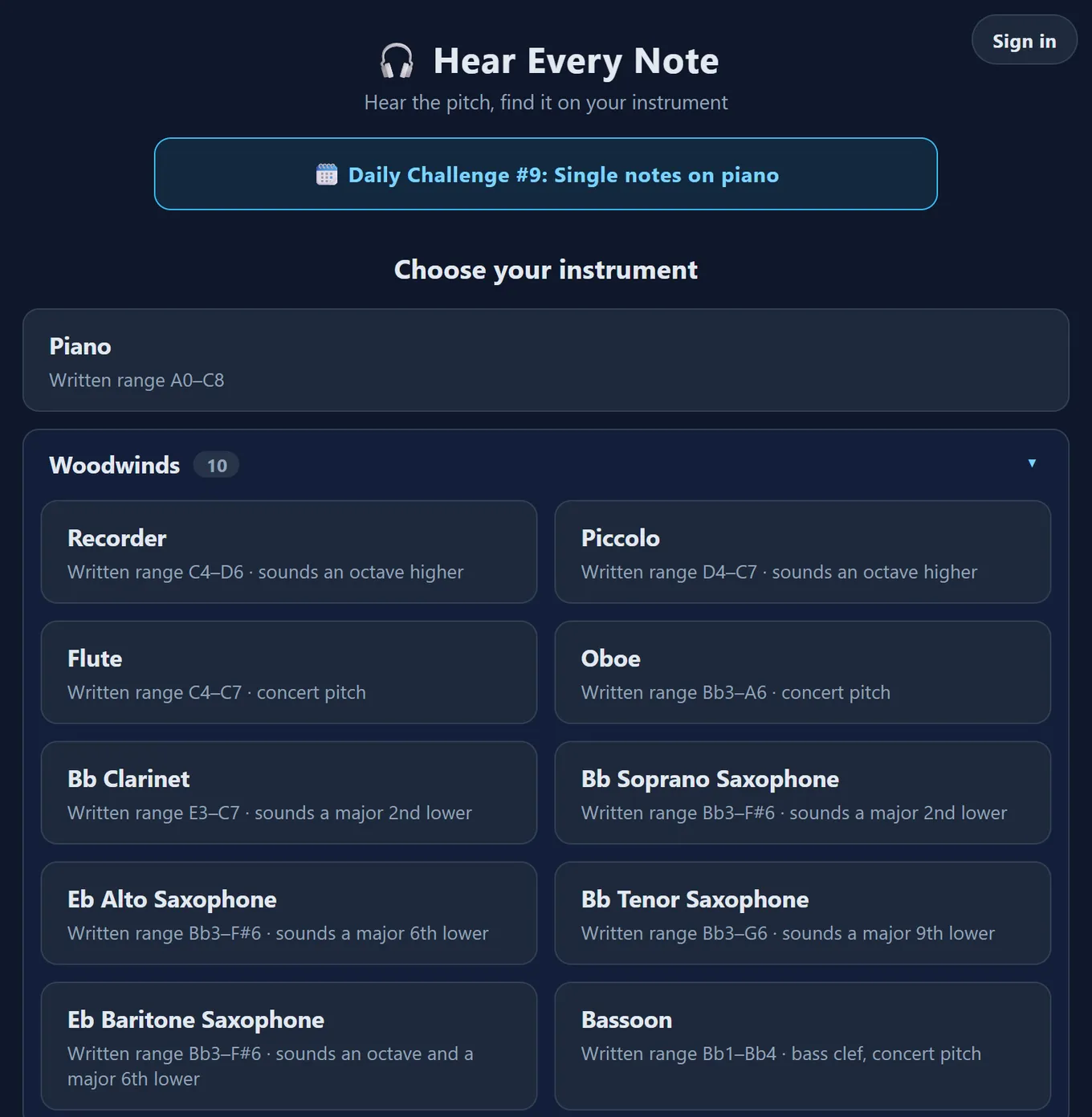 Instrument selection screen listing piano and woodwinds such as flute, oboe, clarinet, and saxophone with their written ranges