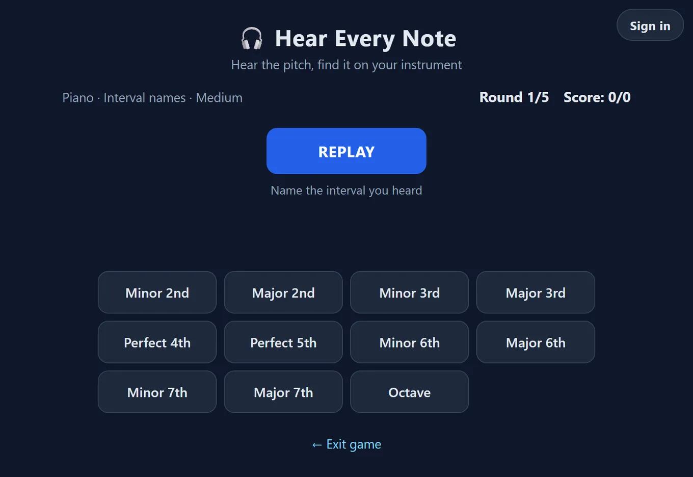Interval names quiz screenshot with answer buttons from minor 2nd to octave shown below a replay button