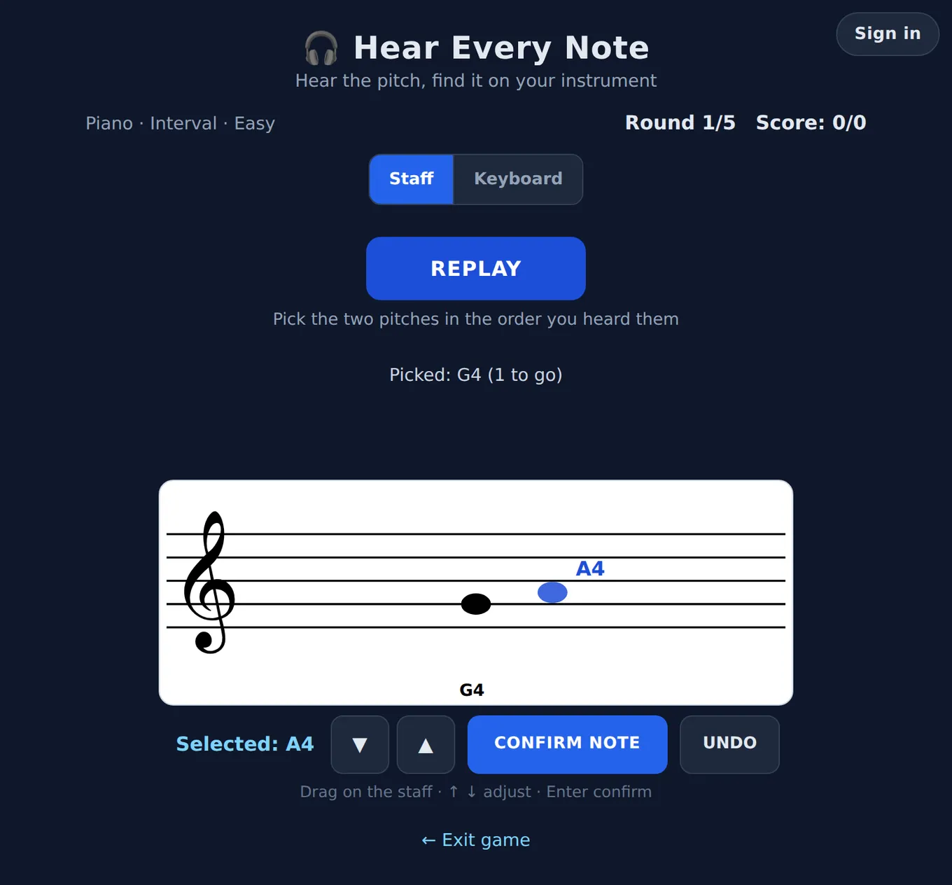 Interval ear trainer screenshot: placing the two heard notes on a treble clef staff, with the first note confirmed and a replay button above