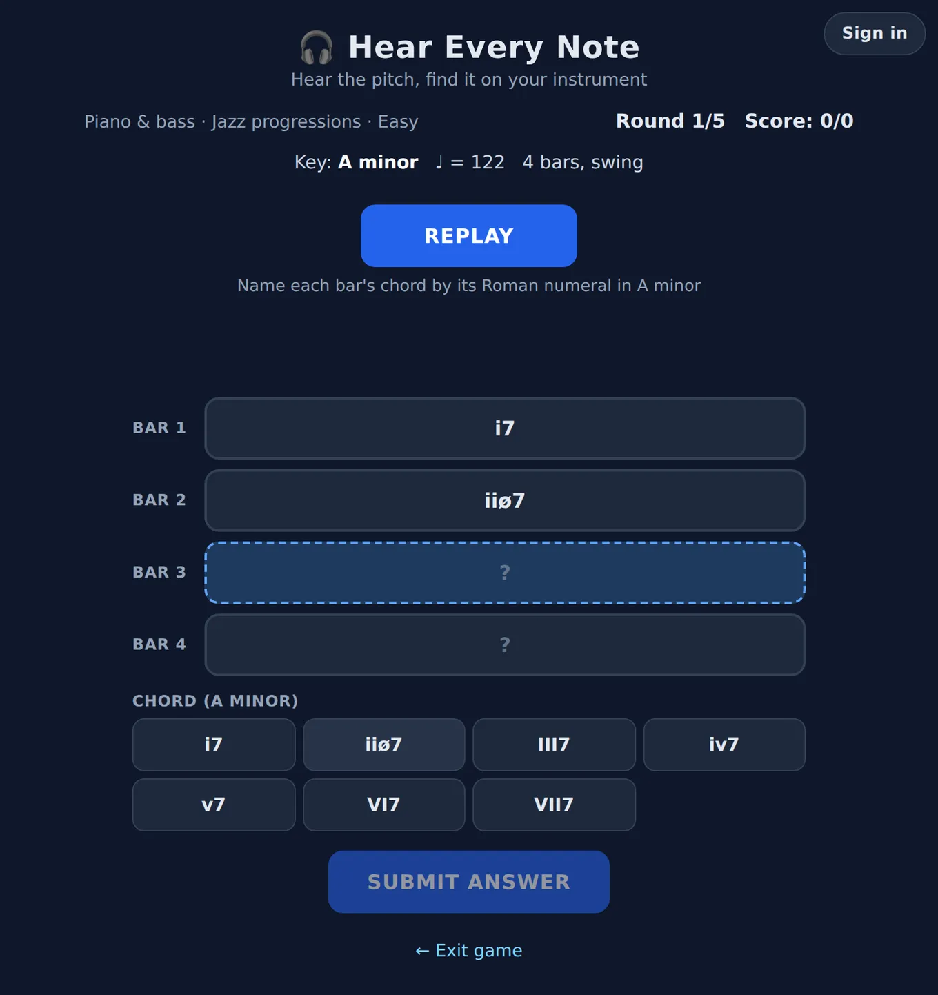 Jazz progression ear trainer screenshot: four bars in A minor with i7 and iiø7 already entered for bars 1 and 2, bar 3 selected, and the Roman numeral picker below