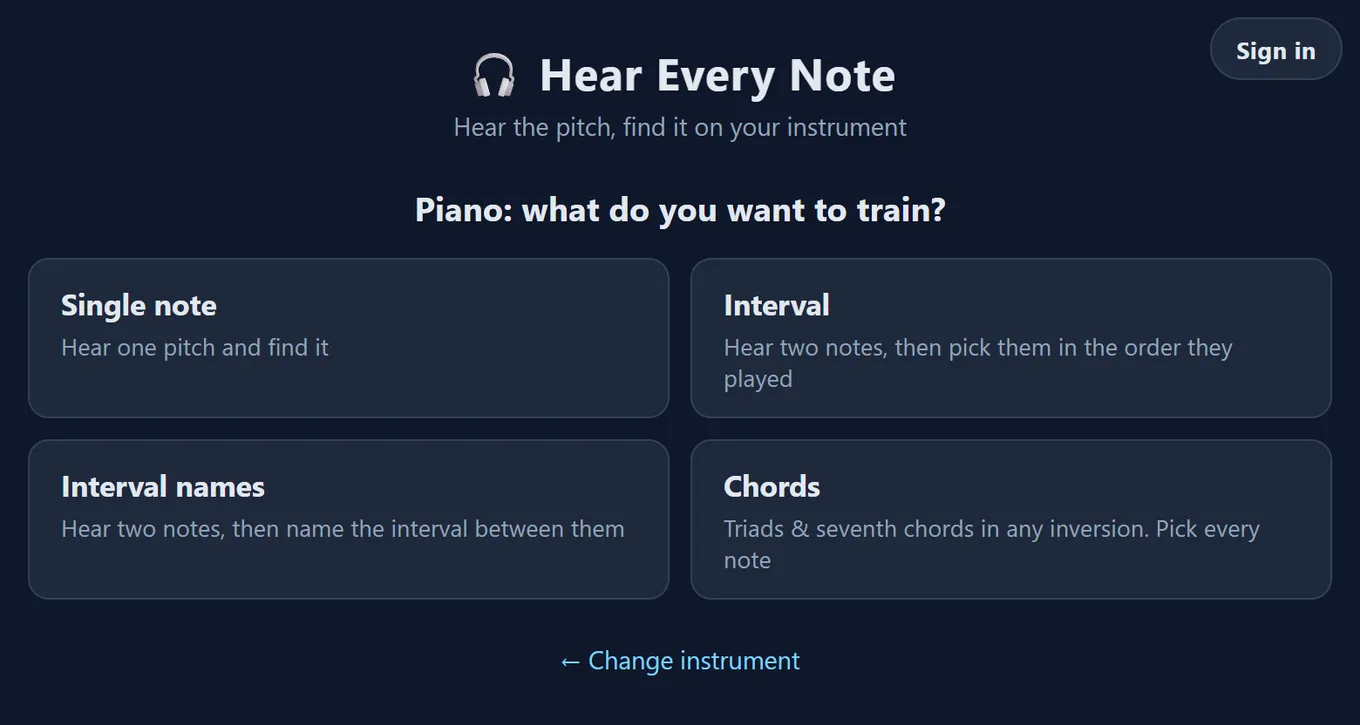 Mode selection screen for piano with single note, interval, interval names, and chord training modes