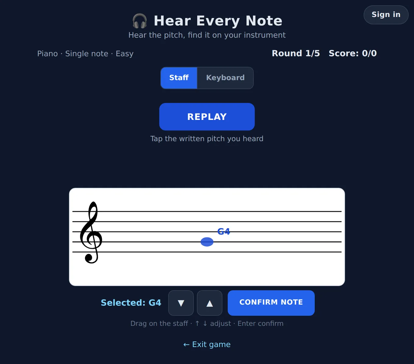 Note recognition game screenshot: choosing G4 on a treble clef staff to answer the single note just played