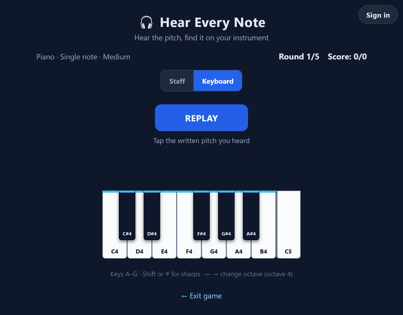 Pitch memory exercise screenshot: identifying one heard note on an on-screen piano keyboard spanning C4 to C5