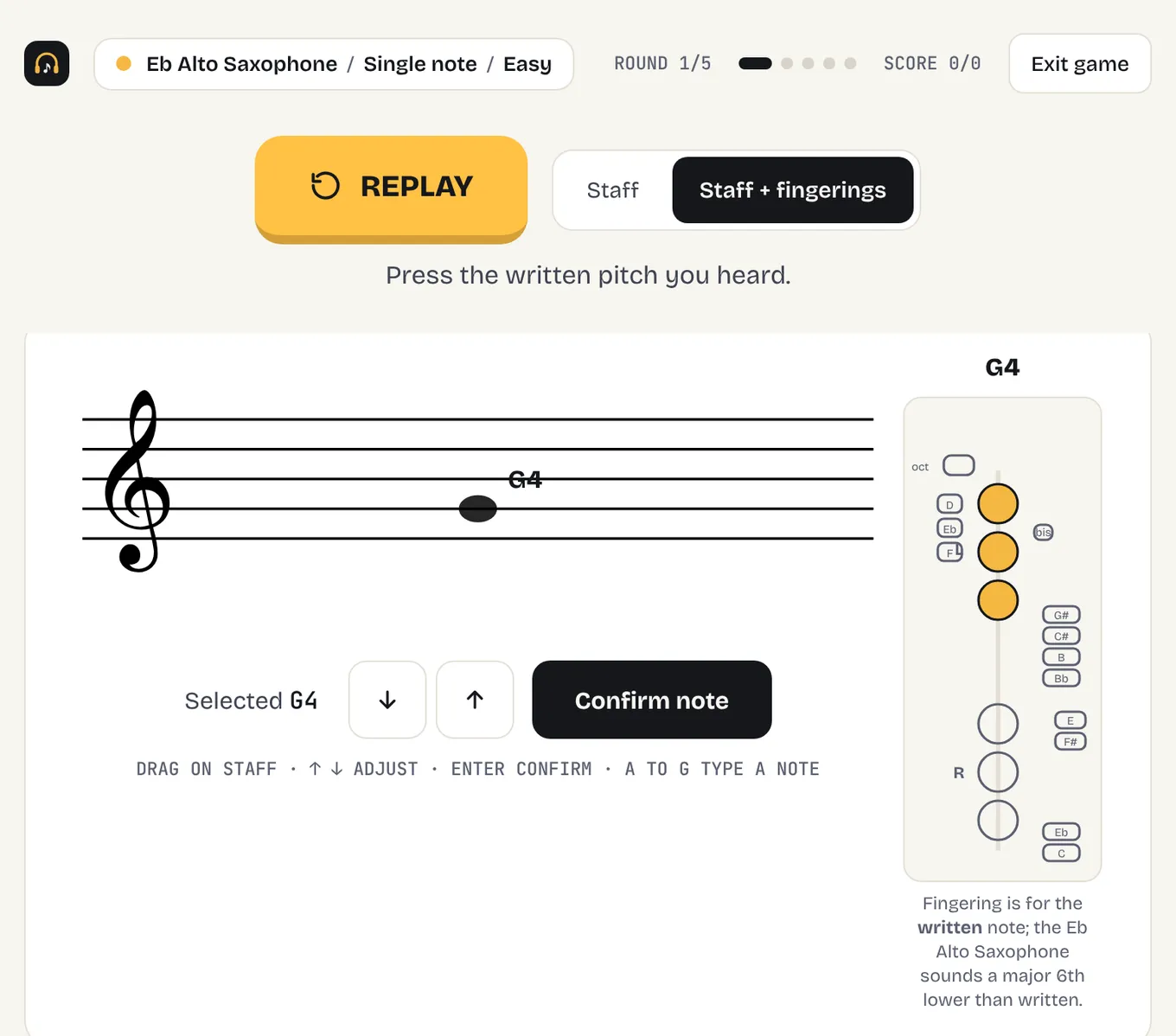 Note recognition on Eb alto saxophone: a note staged on the treble clef staff and the fingering chart beside it, with the Confirm note button below