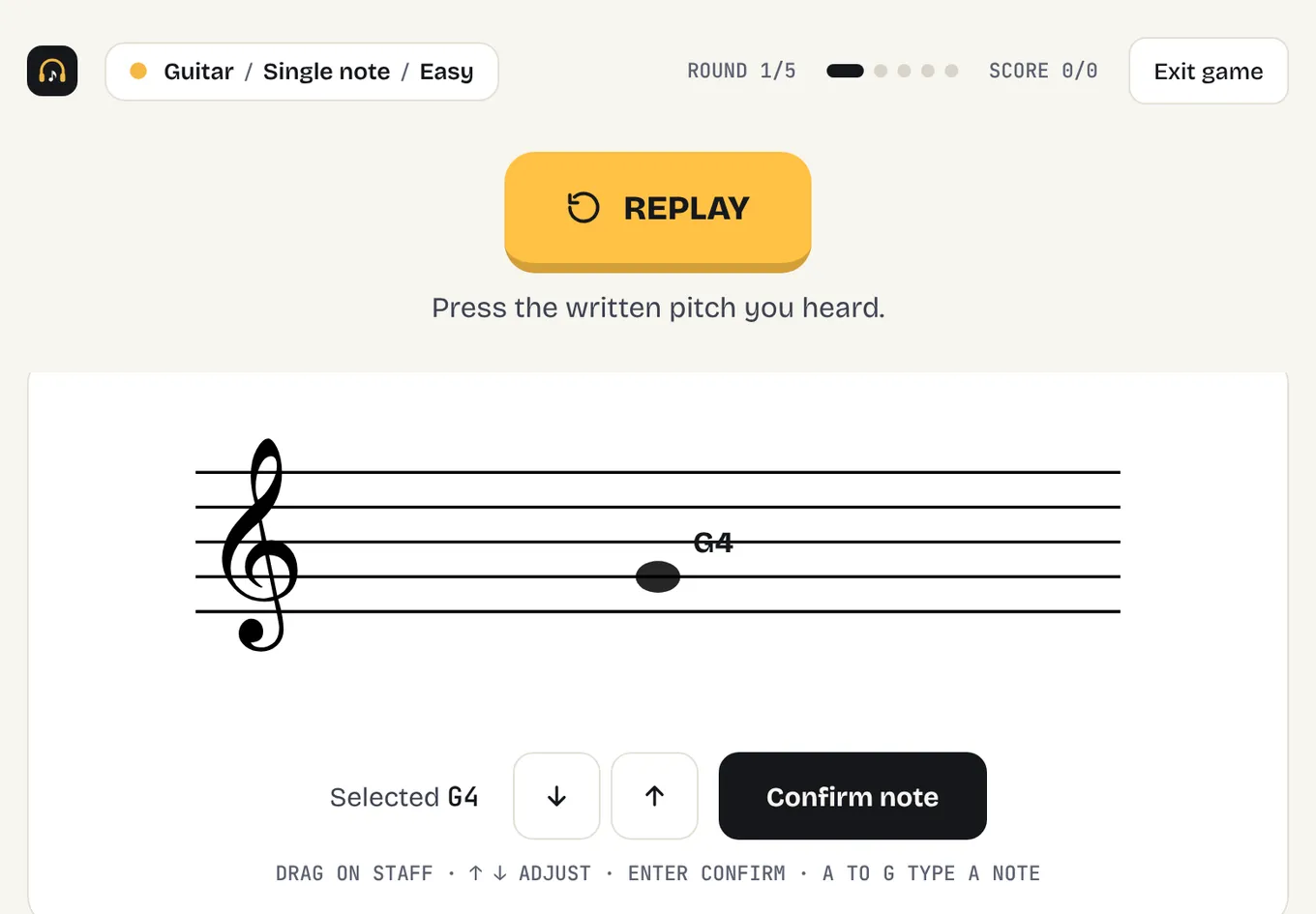 Note recognition on Guitar: a note staged on the treble clef staff, with the Confirm note button below
